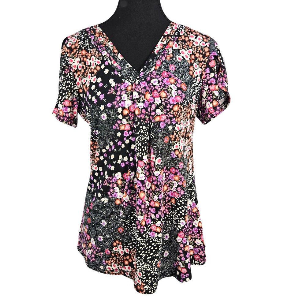 NWOT | Mixed Floral & Polka Dot V-Neck Top | Petal Sleeves | Small